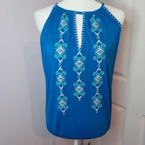 Inc Blue and White Beachy Embroidery Top